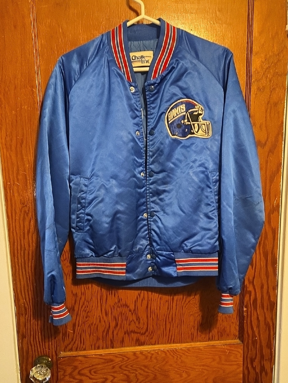 Vintage Giants Blue Satin Bomber Jacket with Helmet Patch- Size Medium